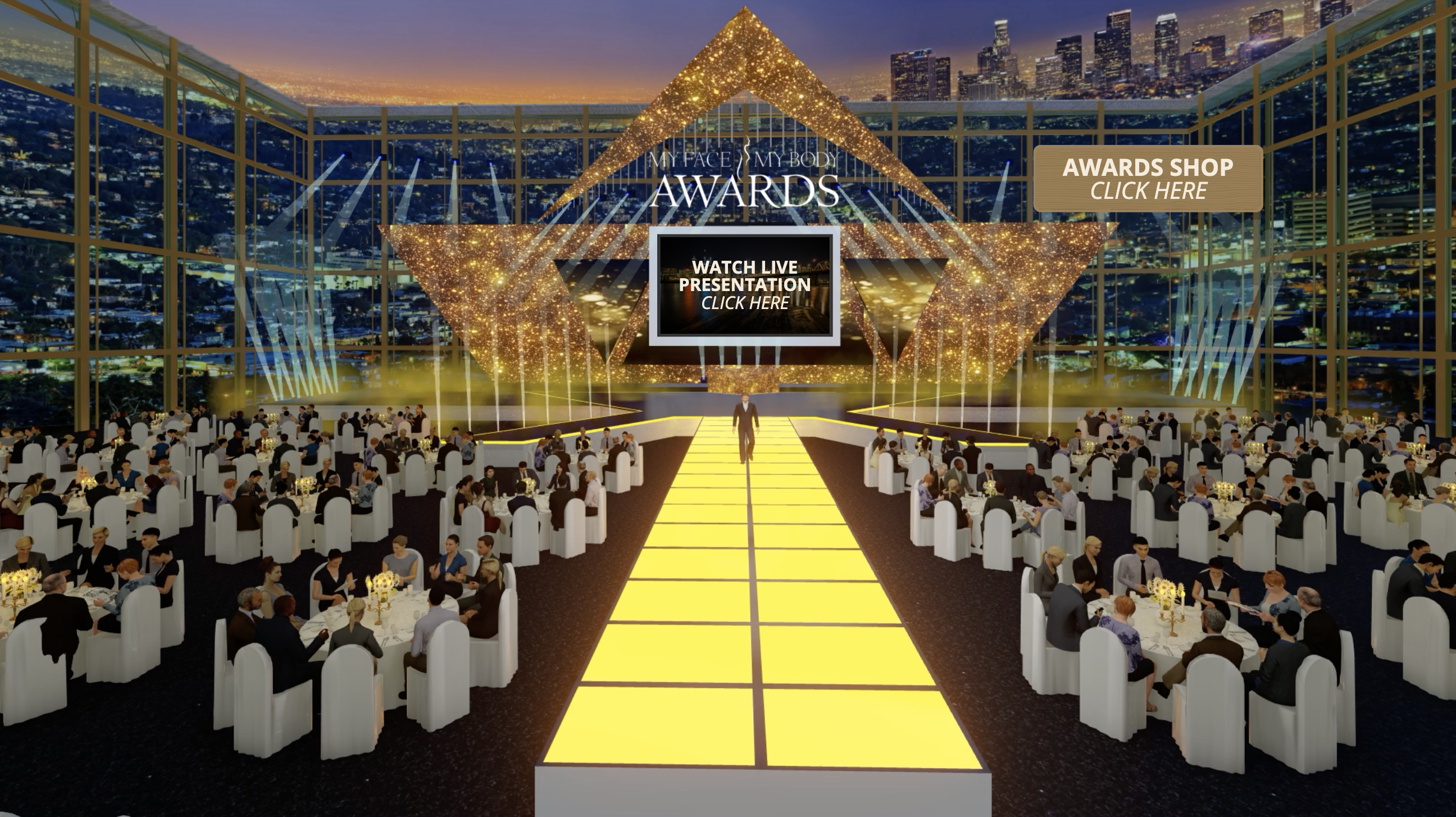Virtual awards show with a stage and tables